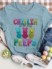 Women's Easter Bunny Graphic Round Neck Casual Loose T-Shirt, Holiday Party Gifts, Suitable For All Seasons - Dusty Blue - View 1