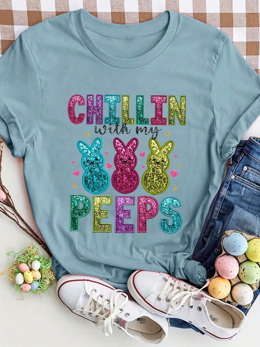 Women's Easter Bunny Graphic Round Neck Casual Loose T-Shirt, Holiday Party Gifts, Suitable For All Seasons - Dusty Blue - View 1