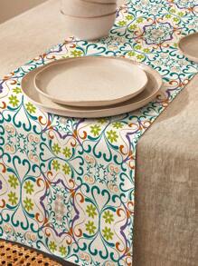 1 pieza Camino de mesa de lino con estampado floral geométrico bohemio pintado a mano, adecuado para días festivos, fiestas, cumpleaños, cenas, decoración de mesa de comedor, cocina, gabinete, decoración de habitación para todas las estaciones