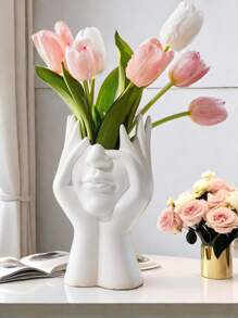 1pc White Ceramic Face Vase,Makeup Brush Storage Bucket, Female Form Head Half Body Bust Vases Boho Minimalism Decorative Modern Nordic Style Flower Vase For Home Living Room Office Decor