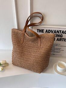 1 pieza Bolso de hombro con cierre de gran capacidad, estilo casual de vacaciones, transpirable, tejido en beige, adecuado para señoras en primavera/verano, para artículos de playa, teléfono de viaje, billetera, lápiz labial, llaves, pañuelos, bolsas de almacenamiento