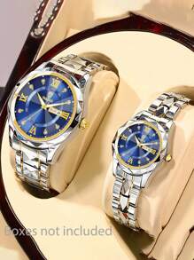 2 pièces/Set Montres de couple hommes femmes en acier inoxydable, Cadran et bracelet en alliage avec double affichage calendaire, marqueurs serti de strass, montre-bracelet à quartz, cadeau de la Saint-Valentin