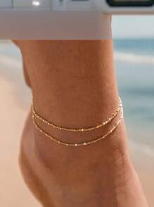 1pc Stainless Steel Double Layer Anklet, Bohemian Beach Style Foot Chain, Great Gift For Women - Gold - View 11