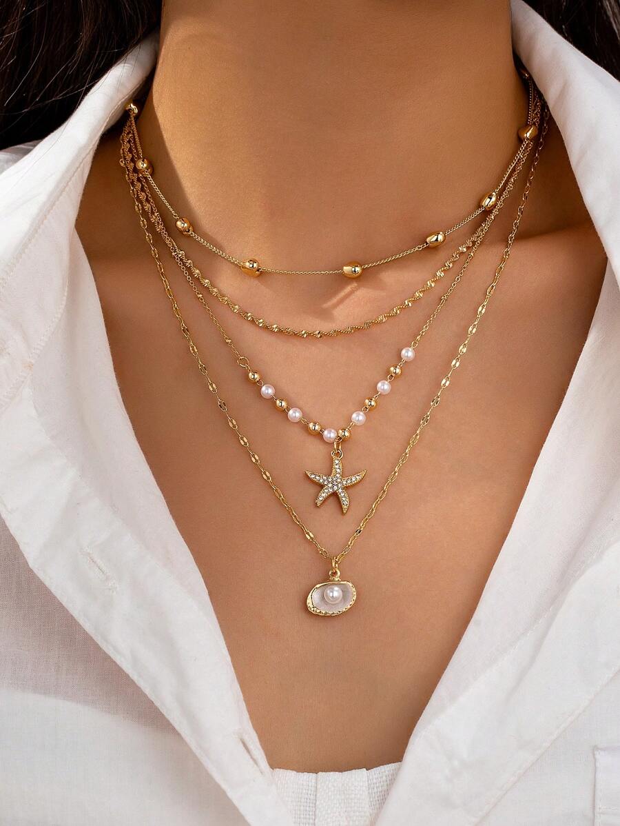 4pcs/Set Summer Beach Necklace Set, Ocean Style Starfish & Shell Pendant Necklaces, Bohemian Jewelry, Beach Travel Accessories For Women - Multicolor - View 1
