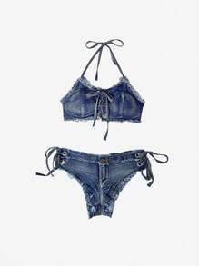 Women's Summer Sexy Denim Bikini Set - High-Waisted Thong & Lace-Up Top Beach Swimwear Bathing Suit
