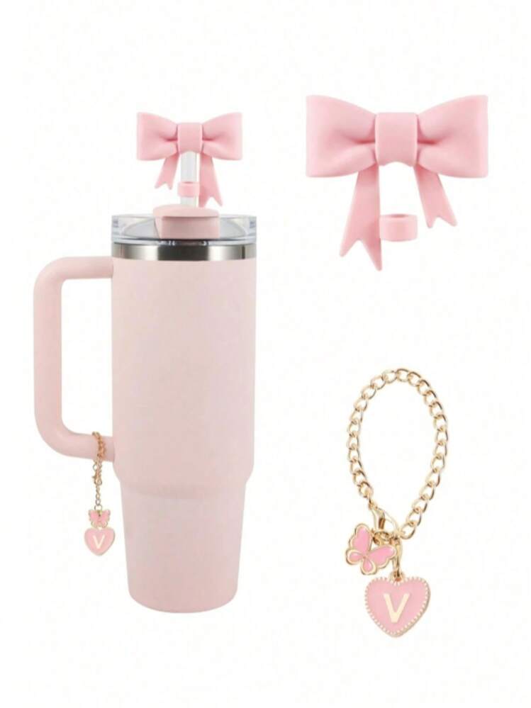 2 件/套：1 个硅胶蝴蝶结吸管盖和 1 个字母心形杯标记，适用于玻璃杯、玻璃杯，1 厘米吸管直径，带手柄玻璃杯，可爱的粉色蝴蝶装饰，返校用品 - 粉色 - 查看 19