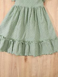 Girls' Casual Simple Comfortable Spring/Summer Solid Color Cap Sleeve Bow Hollow Floral Embroidery Dress - Green - View 7