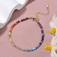 1pc Bohemian Style 18K Gold-Plated Multicolor Natural Stone Beaded Jewelry Bracelet, Suitable For Daily Wear As Gift For Women