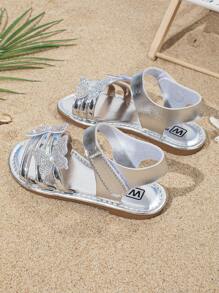 Summer Girls Elegant Sandals, Butterfly Decor, Round Toe Flat Open Toe, Silver Princess Roman Shoes, Stylish For Resort Beach Walking