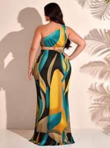 Plus Size Sleeveless Floral Print High Slit One-Shoulder Dress (Random Print) - Yellow - View 6