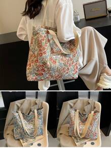 1pc Floral Print Canvas Tote Shoulder Bag, Portable Storage Commuter Bag Student Large Capacity Tote Bag, Embroidered Flower Shoulder Bag, Waterproof Canvas Travel Shoulder Bag, Suitable For Office, School, Travel, Mothers Going Out To Class Commuting Large Capacity, Portable, Suitable For Female College Students, Very Suitable For Back To School, First Day Of School, Middle School, High School, Shopping, Vacation
