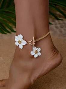 1pc Fashionable White Painted Flower Simple Elegant Personalized Girl's Anklet, Suitable For Vacations And Parties Valentines