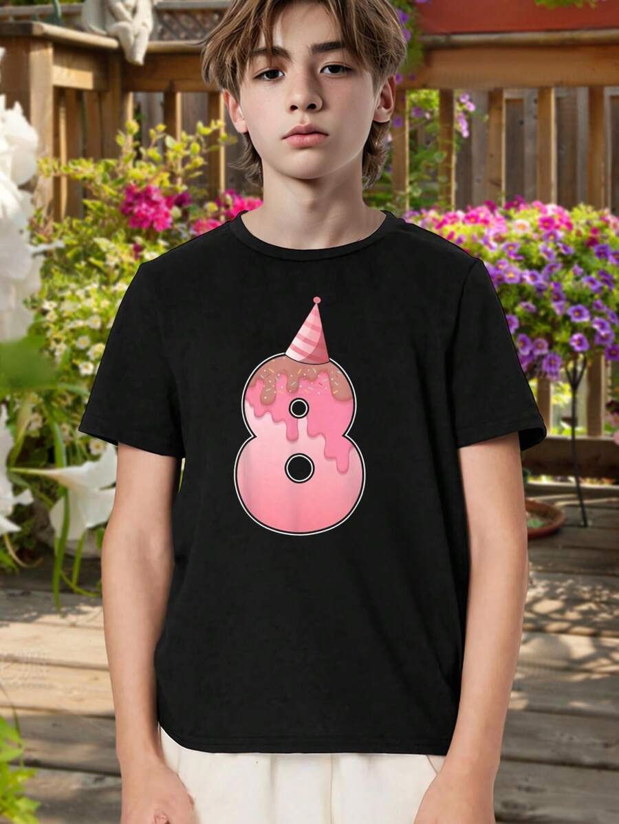 Kids' Birthday T-Shirt - Donut Party Tee Cute Funny 8th Birthday Gift Black Crew Neck Tee For Boys Girls Teen Girls Shirts