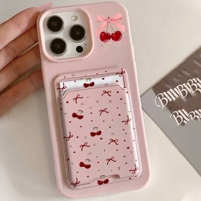 Pink 2pcs Cherry Blossom & Bowknot Protective Phone Cases; 2pcs Phone Cases + Sticky Card Slots Compatible With Apple 13 Series, 11 Series, 12 Series, 14 Series, 15 Series, 16 Series Waterproof Shockproof Anti-Fall Scratch Resistant