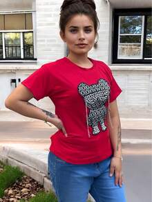 Blusa de manga corta con estampado de dibujos animados - Rojo - Ver 3