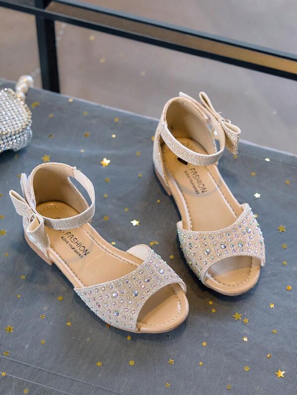 1 Pair Kids Girls Rhinestone Sequin Sandals Princess Dance Shoes Ankle Strap Open Toe Soft Bottom Flats