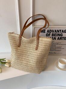 1 pieza Bolso de hombro con cierre de gran capacidad, estilo casual de vacaciones, transpirable, tejido en beige, adecuado para señoras en primavera/verano, para artículos de playa, teléfono de viaje, billetera, lápiz labial, llaves, pañuelos, bolsas de almacenamiento