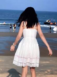 Sweet White Wedding Guest Party Dress Women Summer Lace Bow Hollow Out Sleeveless Mini Dresses Holiday Beach Outfits - View 8