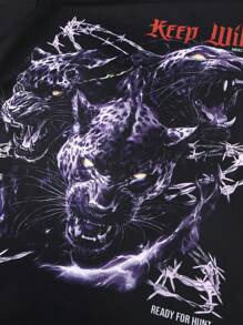 男士黑色短袖 T 恤，带有野性豹纹图案、铁丝网设计和“Keep Wild”字样，宽松版型，夏季休闲，街头服饰，适合街头和休闲穿着 - 黑色 - 查看 3