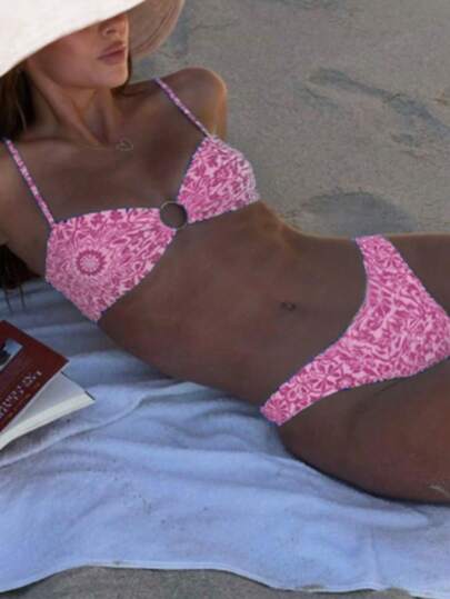 2pcs/Set Fashionable Blue And White Porcelain Pattern Swimsuit For Spring/Summer