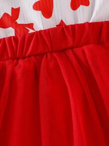 2pcs/Set Baby Girls Summer Elegant Lace Heart Bow Printing Ribbed Patchwork Double-Layer Mesh Splicing 2 In 1 Princess Tutu Dress With Bow Hair Accessory - Red - View 5