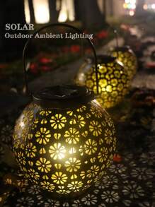 1pc Solar Powered Iron Lantern With Hollow Design - Multifunctional Outdoor Decoration Suitable For Garden, Patio, Balcony And Lawn - Energy Saving, Easy Installation, Creating Holiday Ambience