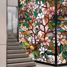 1 Roll Colorful Floral Pattern Explosion-Proof Static Cling Window Film, Translucent Privacy For Balcony, Bathroom, Bedroom, Reusable, Non-Adhesive Glass Decorative Film