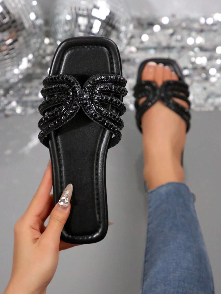 Square Toe Simple Design Rhinestone Embellished Flat Slip-On Sandals, Summer Vacation Beach Fashion For Women