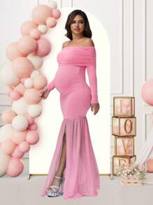 Maternity Long Sleeve Off Shoulder Dress Solid Color Mesh Paneled Split Hem Gown For Baby Shower Photoshoot Party