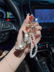 1pc Pearl Chain & Rhinestone Decor High Heel Car Keychain