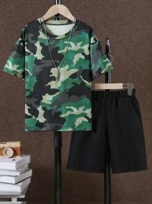 2pcs Boys Camouflage Print T-Shirt And Shorts Set, Summer - Army Green - View 1