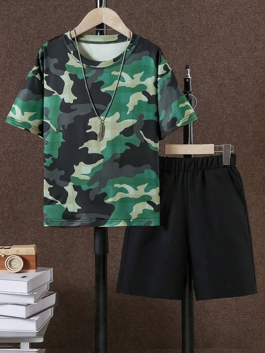2pcs Boys Camouflage Print T-Shirt And Shorts Set, Summer - Army Green - View 1