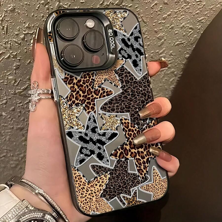 1 pieza Funda de teléfono con patrón de estrella pentagonal de brillo IMD y estampado de leopardo, compatible con iPhone 16 Pro Max, 15/14 Plus, 13, 12, 11, resistente al agua, a los golpes y a los arañazos