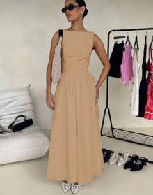 Women Sleeveless Round Neck High Waist Slim Backless Zipper A-Line Maxi Dress - 米色 - 查看 2