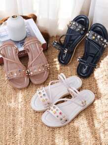 Sandalia estilo Romana con apliques de estrellas y brillos para dama, sandalias planas de buena calidad - Negro - Ver 3