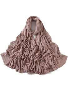 1 Stück Damen Jersey-Schal mit schwer bestickter Bordüre in Unifarbe, eleganter Strass-besetzter Schal mit Malay-Strass, langer Jersey-Hijab-Schal, afrikanisches Kopftuch, geeignet als Reise-, Urlaubs- und Party-Accessoire für Damen