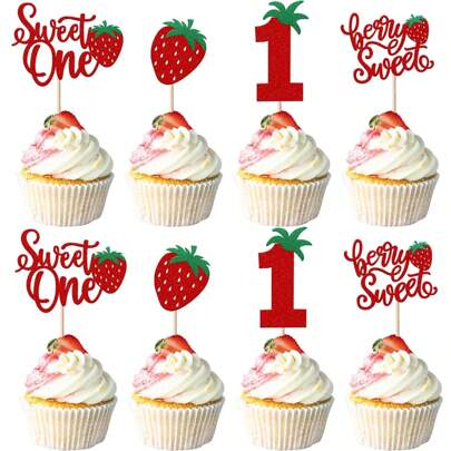12/24Pcs Sweet One Cupcake Toppers Glitter First Birthday Strawberry Cupcake Picks For Fruit BB Shower 1st Birthday Berry Sweet Cupcake Decorations Party Supplies