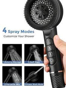 3 pièces Set : Pomme de douche filtrée 4 réglages de haute qualité en ABS avec tuyau en acier inoxydable de 1,5 m, support mural sans perçage en ABS, accessoires de salle de bain, outils de salle de bain - Noir - Voir 5