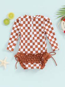 Girls Bikini Beach Swimwear Long Sleeve Checkerboard Print Ruffle Romper Bathing Suit - Brown - View 4