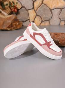 Fashionable White Sneakers, Student Sports Shoes, Flat Thick Sole Lace Up Breathable Comfortable Casual Trainers