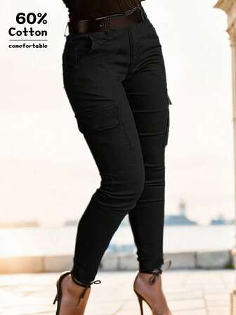 Women's Casual Solid Color Elastic Skinny Cropped Cargo Jeans, Autumn