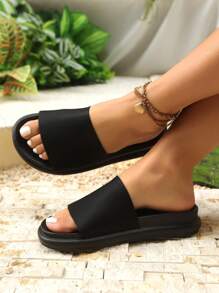 Luofu Cool Slides For Women, Single Band PVC Slippers - Black - View 5