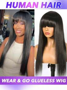 8-30 Inch Full Machine Made Glueless Straight Human Hair Wig With Bangs - Natural Color For Women 150% Density For Daily Party Use - Natural Black - View 6