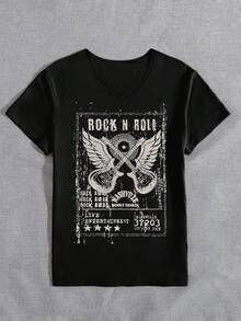 Women's Y2K Rock Band Style Graphic T-Shirt, V-Neck Short Sleeve Casual Top, Suitable For Spring/Summer Occasions And Daily Wear - Black - View 3