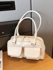 Large Capacity PU Solid Color Simple Shoulder Bag For Women, Fashion Versatile Suitable For Daily, Shopping, Dating, Traveling, Gift