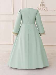 Đầm công chúa thanh lịch cổ chữ V, chất liệu co giãn, đính ruy băng kim loại cho bé gái, thích hợp cho tiệc gia đình, lễ hội, tiệc tùng. Không bao gồm băng đô cài tóc. - màu xanh lá - Xem 3