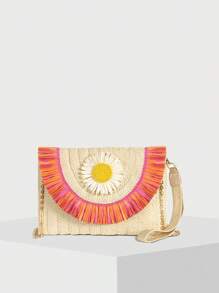 Floral Two-Tone Tassel Beach Resort Style Fashion Straw Handbag With Detachable Chain Shoulder Strap - Beige - View 1