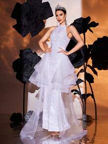 White Sequin Mesh Splice Trailing Wedding Dress - White - View 5