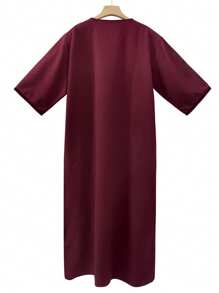 Men's Moroccan Style Embroidered Short Sleeve Robe With Side Pockets, Islamic Men Loungewear - Burgundy - View 3