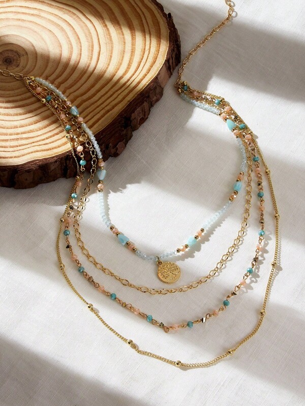 1pc Women Colorful Multi-Layer Rice Pearl Beaded Necklace, Suitable For Daily Wear And Vacation